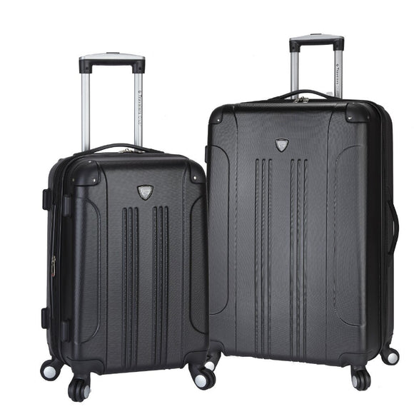 A black 2 pc Chicago Expandable Spinner Luggage Set w/  (8) double-spinner wheel system, accessory pockets, corner bumper guards & Telescopic push-button trolley handle. 