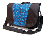 A black and blue 16"-17" Sumo Messenger Bag w/ pockets, adjustable computer compartment for up to 16" PC or 17” MacBook Pro. Corduroy-lined adjustable computer compartment fits up to 17” laptops Interior pockets, Front & rear exterior hidden zipper pockets, 2 under flap pockets.