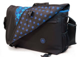 A black and blue 16"-17" Sumo Messenger Bag w/ pockets, adjustable computer compartment for up to 16" PC or 17” MacBook Pro. Corduroy-lined adjustable computer compartment fits up to 17” laptops Interior pockets, Front & rear exterior hidden zipper pockets, 2 under flap pockets.