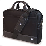 A black 16" Sumo Pro Laptop Briefcase w/ white stitching & removable shoulder strap, center mounted, computer compartment that will hold up to a 17” MacBook Pro or 16" PC laptops & multiple pockets for accessories & files.