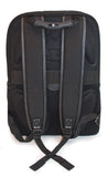 A back view of professional black 17" Sumo Traveler Laptop Backpack w/ white stitching, ballistic nylon w/ faux leather bottom & accents, Padded corduroy computer compartment fits up to 17” laptops, multiple pockets for accessories & files.