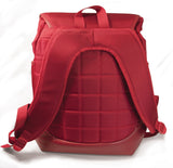 A back view red women's Laptop/Tablet 14.1"-15" Sumo Combo Backpack. Red separate, padded & fleece lined pockets for both a laptop and a tablet. Front & side pockets draw-string opening w/ secure flap.