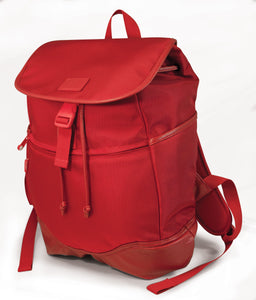 A red women's 14.1"-15" Sumo Combo Backpack. Red separate, padded & fleece lined pockets for both a laptop and a tablet. Front & side pockets draw-string opening w/ secure flap.