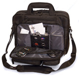 An open black 16" Corporate Laptop Briefcase w/ multiple padded compartments for laptops & travel gear.