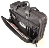 An open black 16" Premium Ballistic Nylon Laptop Briefcase, padded laptop compartment, multiple zippered compartments, handles & shoulder strap.