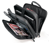 An opened black 16" Premium Ballistic Nylon Laptop Briefcase, padded laptop compartment, multiple zippered compartments, handles & shoulder strap.
