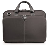 A black 16" Select Nylon Laptop Briefcase w/ Ballistic Nylon exterior, Padded computer compartment, Workstation, Interior file section for folders, binders, magazines, Trolley strap for use with rolling luggage, Leather wrapped handles & matching removable shoulder strap