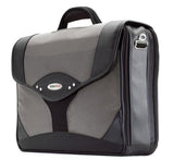 A leather & ballistic nylon black & silver 15.6" Premium Laptop Briefcase. Built-in elastic shoulder strap system, padded laptop pocket & multiple zippered compartments.