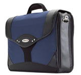 A leather & ballistic nylon black & navy 15.6" Premium Laptop Briefcase. Built-in elastic shoulder strap system, padded laptop pocket & multiple zippered compartments.
