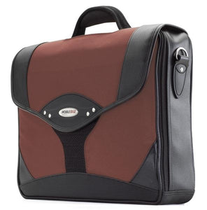 A Dr. Pepper colored leather & ballistic nylon 15.6" Select laptop Briefcase. Built-in elastic shoulder strap system, padded laptop pocket & multiple zippered compartments.