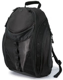 A black 16" Express Laptop Backpack 2.0 w/ mesh pockets & silver trim. Padded pockets inside for laptop or tablet, multiple pockets inside.