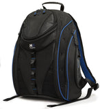 A black & blue 16" Express Laptop Backpack 2.0 w/ mesh pockets & silver trim. Padded pockets inside for laptop or tablet, multiple pockets inside.