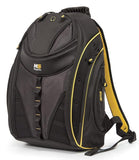 A black & yellow 16" Express Laptop Backpack 2.0 w/ mesh pockets & silver trim. Padded laptop or tablet pockets & multiple pockets inside.