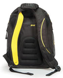 A back view of a black & yellow 16" Express Laptop Backpack 2.0 w/ mesh pockets & silver trim. Padded laptop or tablet pockets & multiple pockets inside.