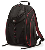 A black & red 16" Express Laptop Backpack 2.0 w/ mesh pockets & silver trim. Padded laptop or tablet pockets & multiple pockets inside.