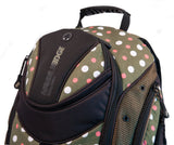  An Eco-Friendly women's 16" Eco-Friendly Express Backpack w/ white & pink dots on a green background, ergonomic straps & ventilated back panel & a protective computer compartment.