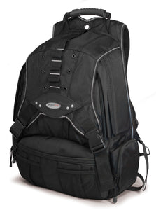 A 1680 Denier Ballistic Nylon black 17.3" Premium Laptop Backpack w/ silver trim, Cool-Mesh ventilated back panel & Safety Cell Computer Compartment.