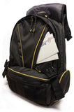 An open 1680 Denier Ballistic Nylon black 17.3" Premium Laptop Backpack w/ Cool-Mesh ventilated back panel & Safety Cell Computer Compartment.