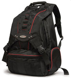 A 1680 Denier Ballistic Nylon black 17.3" Premium Laptop Backpack w/ red trim, Cool-Mesh ventilated back panel & Safety Cell Computer Compartment.