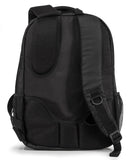A back view of a black 1680D Nylon 16" SmartPack Backpack w/ Fleece Lined Pouch for a Tablet, Ergonomic Ventilated Back Panel, Padded Shoulder Straps & Carry Handle & Exterior Mesh Water-Bottle Pockets