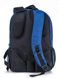 A back view of royal blue 1680D Nylon 16" SmartPack Backpack w/ Fleece Lined Pouch for a Tablet, Ergonomic Ventilated Back Panel, Padded Shoulder Straps & Carry Handle & Exterior Mesh Water-Bottle Pockets