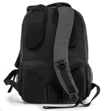 A back view of a charcoal 1680D Nylon 16" SmartPack Backpack w/ Fleece Lined Pouch for a Tablet, Ergonomic Ventilated Back Panel, Padded Shoulder Straps & Carry Handle & Exterior Mesh Water-Bottle Pockets