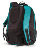 A back view of a teal 1680D Nylon 16" SmartPack Backpack w/ Fleece Lined Pouch for a Tablet, Ergonomic Ventilated Back Panel, Padded Shoulder Straps & Carry Handle & Exterior Mesh Water-Bottle Pockets