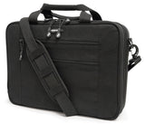 A black all-natural cotton canvas 16"-17" Eco-Friendly Laptop Briefcase w/ padded computer compartment & adjustable detachable shoulder strap.