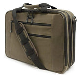 An olive all-natural cotton canvas 16"-17" Eco-Friendly Laptop Briefcase w/ padded computer compartment & adjustable detachable shoulder strap.