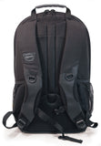 A back view of a black all-natural cotton canvas 17.3" Eco-Friendly Laptop Backpack w/ padded computer compartment & adjustable shoulder straps, Removable ID Holder w/ Multiple Anchor Locations