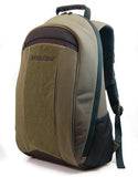 An olive all-natural cotton canvas 17.3" Eco-Friendly Laptop Backpack w/ padded computer compartment & adjustable shoulder straps, Removable ID Holder w/ Multiple Anchor Locations