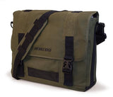 An olive all-natural cotton canvas 17" Eco-Friendly Laptop Messenger Bag w/ padded computer compartment, adjustable detachable shoulder strap, Padded Back Panel, Rubberized Handle, Full-Size Back Pocket