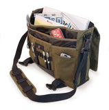 An open olive all-natural cotton canvas 17" Eco-Friendly Laptop Messenger Bag w/ padded computer compartment, adjustable detachable shoulder strap, Padded Back Panel, Rubberized Handle, Full-Size Back Pocket