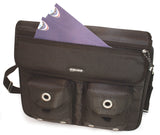 An open black nylon & RipStop accented 15.4" Messenger Bag by the silver grommets, pockets on the exterior & padded computer section.
