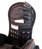 An opened black 16"-17" EVO Laptop Backpack w/ red trim, sixteen interior & exterior pockets. Mesh padded back-panel & shoulder straps & ruggedized bottom panel