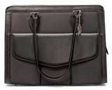 A black women's 17.3" Geneva MicroFiber Women's Briefcase w/ faux-leather trim, Safety Cell computer protection compartment, Exterior cell phone pocket, Detachable cosmetics clutch