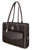 A 16" Geneva Onyx Women's Briefcase w/ SafetyCell Computer Compartment & additional sections & pockets papers & accessories.