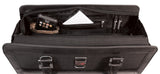 An opened 16" Geneva Onyx Women's Briefcase w/ SafetyCell Computer Compartment & additional sections & pockets papers & accessories. Shows iPhone, pens & notes inside.