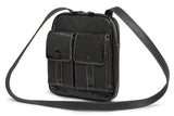 A black women's 10" Crossbody Tech organizer Messenger bag w/ faux crocodile accents. Has padded fur-lined pocket to store an iPad or 11" tablet. Made of vegan leather exterior w/ contrast stitching & plaid cotton-twill lining. 