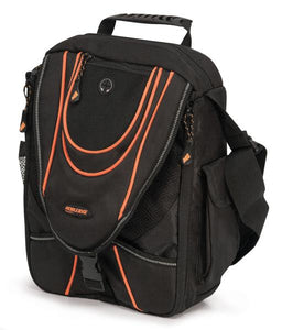 A black 1680D Ballistic Nylon 13.3" Mini Messenger Bag w/ orange trim, padded compartments for tablet / electronic devices, Mobile Phone Pocket & Side Mesh Water Bottle Pocket
