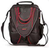 A black 1680D Ballistic Nylon 13.3" Mini Messenger Bag w/ red trim, padded compartments for tablet / electronic devices, Mobile Phone Pocket & Side Mesh Water Bottle Pocket