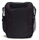 Back view of black 1680D Ballistic Nylon 13.3" Mini Messenger Bag w/ red trim, padded compartments for tablet / electronic devices, Mobile Phone Pocket & Side Mesh Water Bottle Pocket