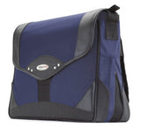 A black and navy 15.4" Premium Laptop Messenger Bag w/ padded compartments for tablet or other electronic devices. 2" Zippered Expansion Gusset that adds 40% more storage space.