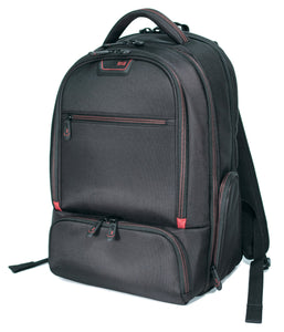  A black ballistic nylon 16”-17" Professional Laptop Backpack w/ 4 separate storage sections, padded air-mesh shoulder straps & back panel, padded top carry handle, adjustable & padded laptop compartment for 13” to 16” laptops & zippered front organizer section.