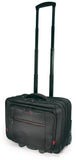 A black 13"-17.3” Professional Rolling Laptop briefcase made from ballistic nylon. Includes 5-stage telescoping handle, a padded top carry, in-line skate wheels, trolley strap for stacking on other luggage. Also has adjustable, padded laptop compartment, separate fleece lined pouch for an iPad, tablet or e-reader, a large file section, oversized compartment & zippered front organizer section.