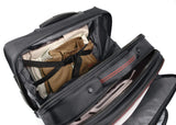 An open black 13"-17.3” Professional Rolling Laptop briefcase made from ballistic nylon. Includes 5-stage telescoping handle, a padded top carry, in-line skate wheels, trolley strap for stacking on other luggage. Also has adjustable, padded laptop compartment, separate fleece lined pouch for an iPad, tablet or e-reader, a large file section, oversized compartment & zippered front organizer section.