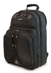 A black eco 17" Checkpoint Friendly ScanFast Backpack 2.0 w/ padded shoulder straps & multiple compartments inside.
