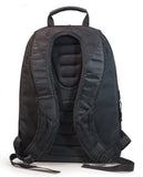 A back view of a black eco 17" Checkpoint Friendly ScanFast Backpack 2.0 w/ padded shoulder straps & multiple compartments inside.