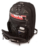 An open black eco 17" Checkpoint Friendly ScanFast Backpack 2.0 w/ padded shoulder straps & multiple compartments inside.