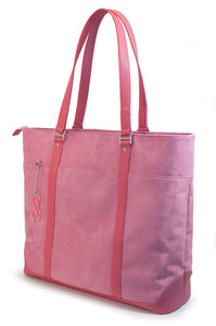 A pink faux-suede 15"-17.3" Breast Cancer Awareness Tote w/ removable computer section for dual functionality. Detachable accessory/cosmetic purse.